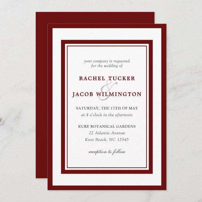 Modern Dark Red Border Wedding Invitation (Front/Back)