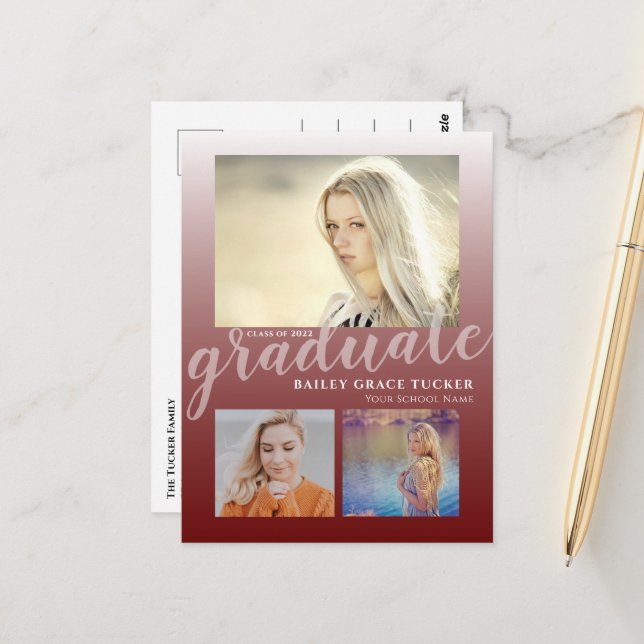 Modern Dark Red Burgundy Ombre Graduate Graduation Postcard (Front/Back In Situ)