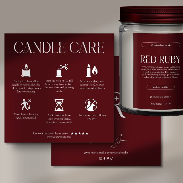 Modern Dark Red Candle Care Card (Creator Uploaded)