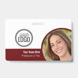 Modern Dark Red Color Block Photo Name Tag Badge