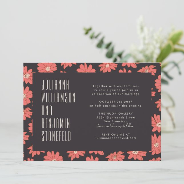 Modern Dark Red Floral Retro Typography Wedding Invitation (Standing Front)