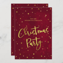 Modern Dark Red & Gold Stars Christmas Party Invitation
