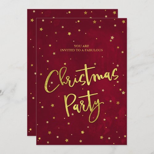Modern Dark Red  Gold Stars Christmas Party Invitation