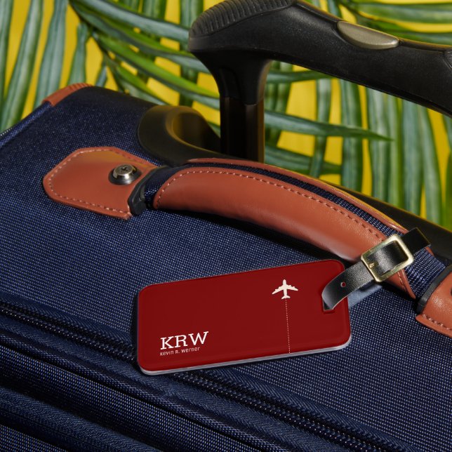 Modern Dark Red Luggage Tag with Name (Front Insitu 3)