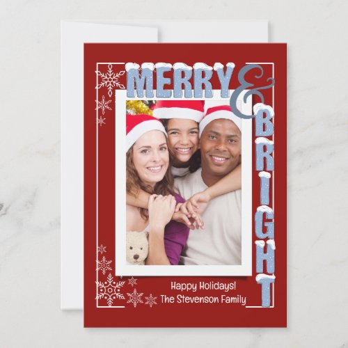 Modern Dark Red Merry  Bright Snow Capped Letters Holiday Card