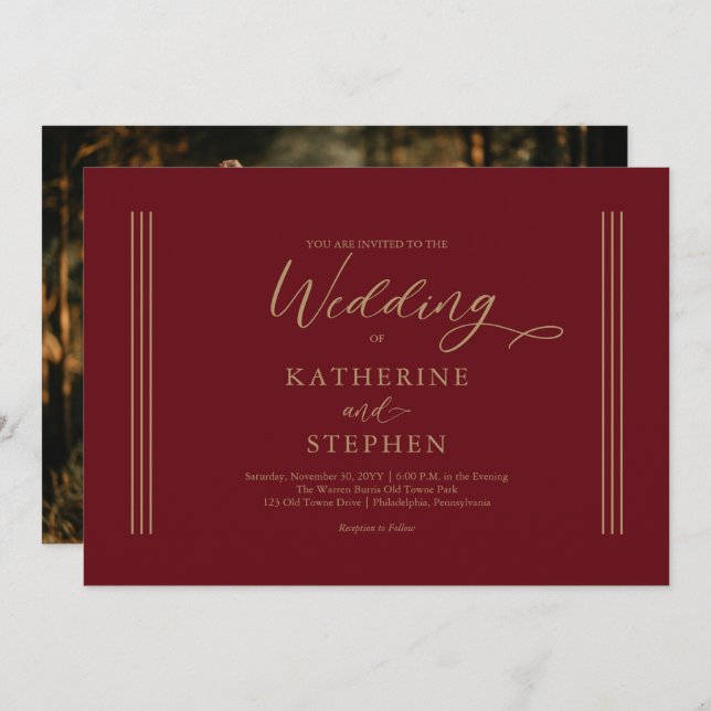 Modern Dark Red Minimalist Wedding Invitation (Front/Back)