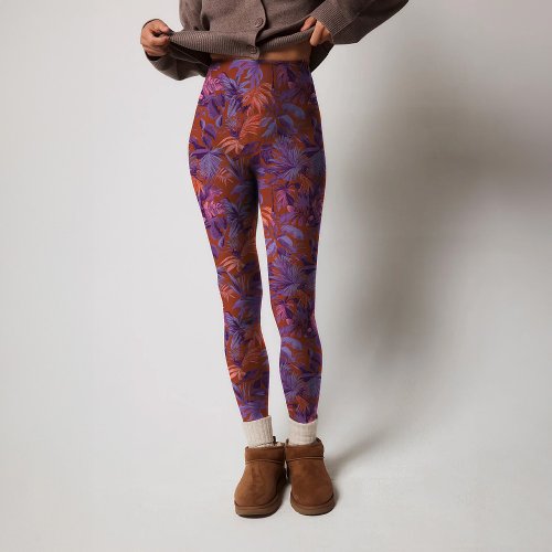 Modern Dark Red Purple Tropical Leaf Pattern Leggings