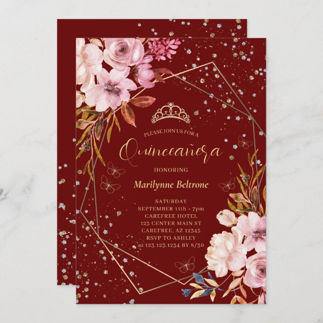 Modern Dark Red Quinceañera Invitation (Front/Back)
