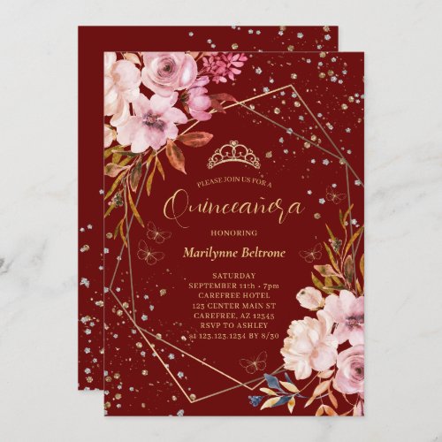 Modern Dark Red Quinceaera Invitation