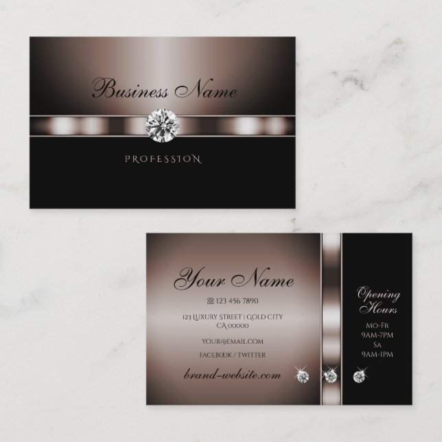 Modern Dark Rose Gold and Black with Rhinestones Business Card (Front/Back)