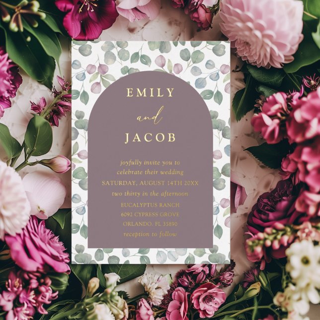Modern Dark Rose & Gold Eucalyptus Wedding Foil Invitation (Creator Uploaded)