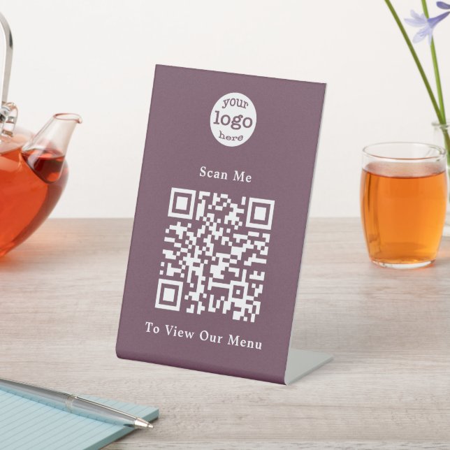 Modern Dark Rose Pink Logo QR Code Restaurant Menu Pedestal Sign (In SItu)