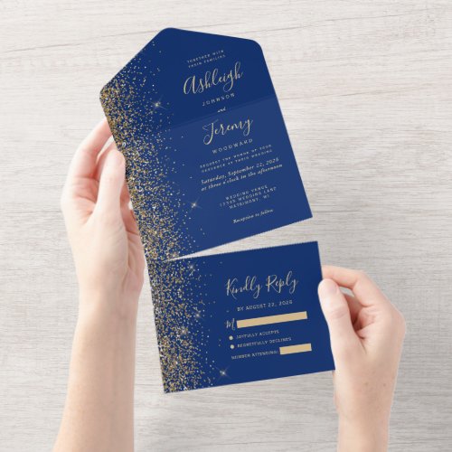 Modern Dark Royal Blue Gold Glitter Wedding All In One Invitation