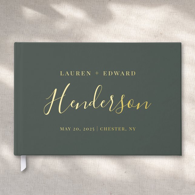 Modern Dark Sage and Gold Family Name Wedding Foil Guest Book (Creator Uploaded)