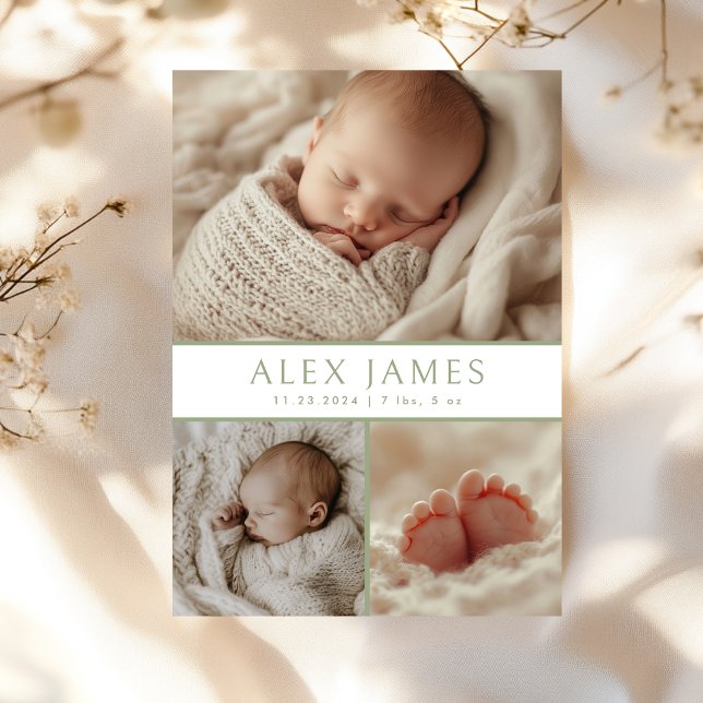 Modern Dark Sage Green Photo Collage Baby Birth Announcement (Creator Uploaded)