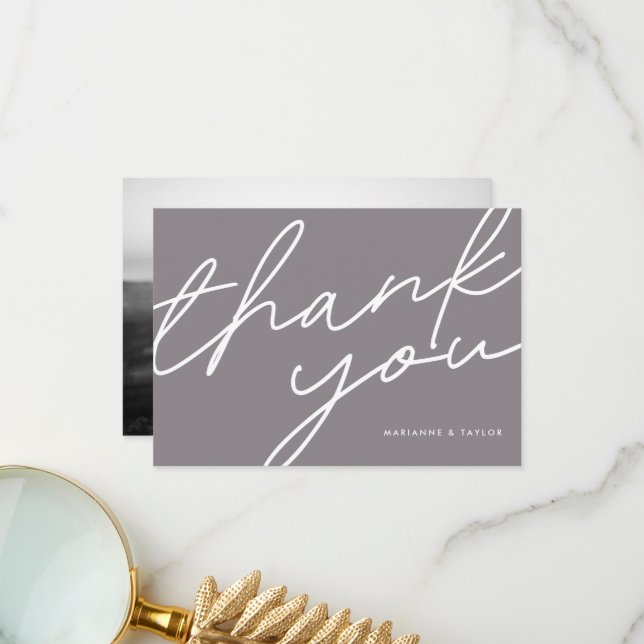 Modern Dark Taupe Calligraphy Wedding Photo Thank You Card (Front/Back In Situ)