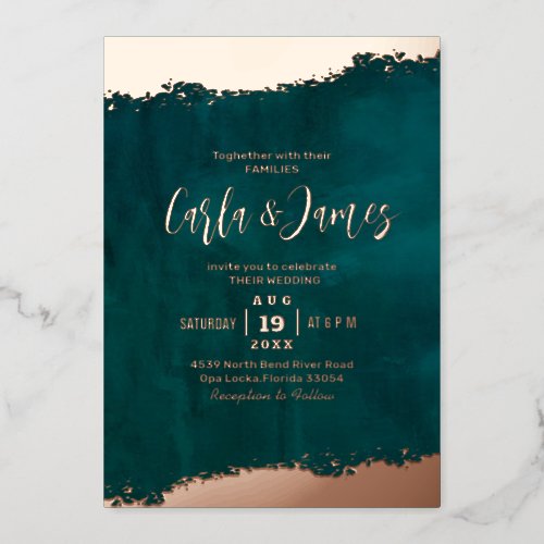 Modern dark teal and gold wedding invitations