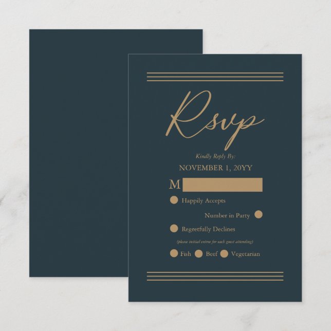 Modern Dark Teal| Antique Gold Minimalist RSVP Card (Front/Back)