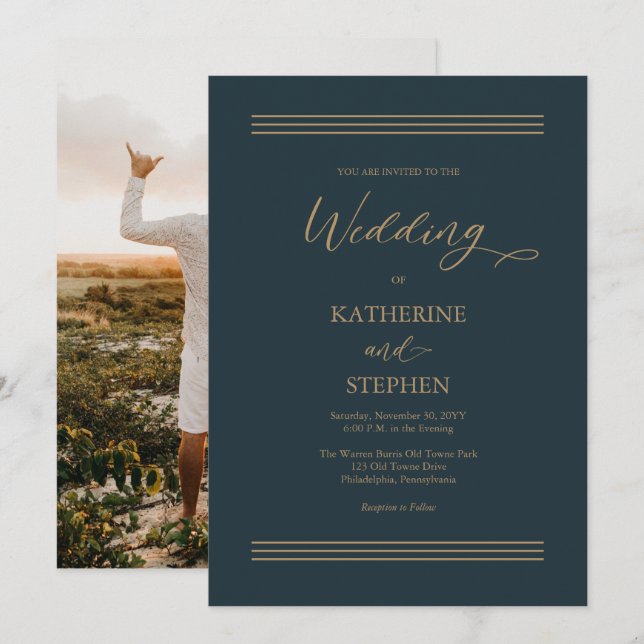 Modern Dark Teal |Antique Gold Minimalist Wedding Invitation (Front/Back)