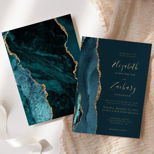 Modern Dark Teal Blue Gold Agate Wedding Foil Invitation