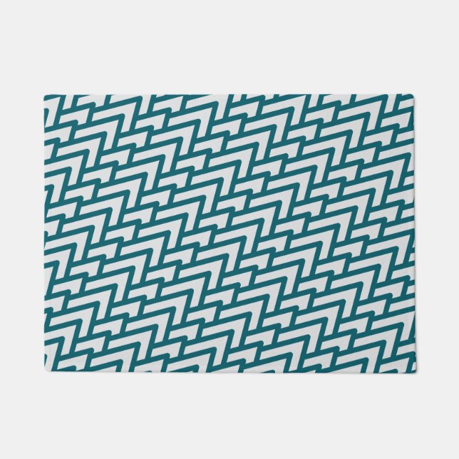 Modern Dark Teal Geometric Pattern on Light Gray Doormat (Front)