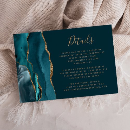 Modern Dark Teal Gold Agate Wedding Details Enclosure Card