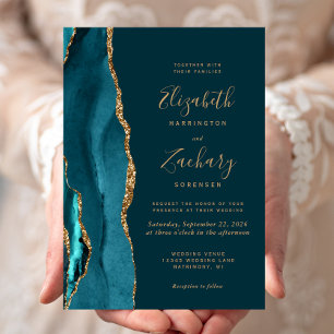 Modern Dark Teal Gold Agate Wedding Invitation