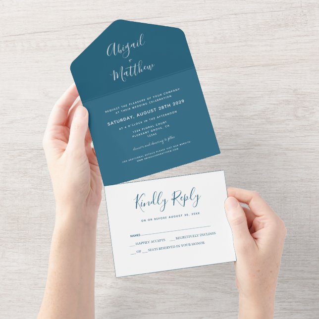 Modern Dark Teal Minimalist Handwriting Wedding Al All In One Invitation (Tearaway)