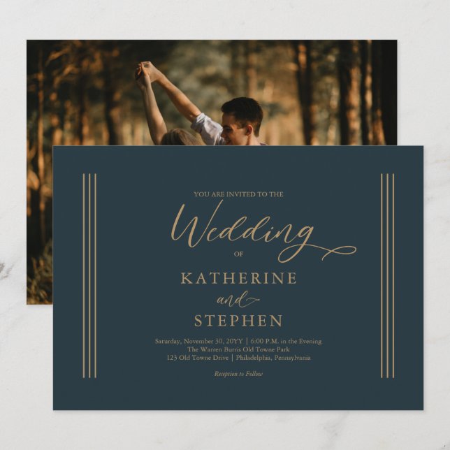 Modern Dark Teal Minimalist Wedding Invitation (Front/Back)