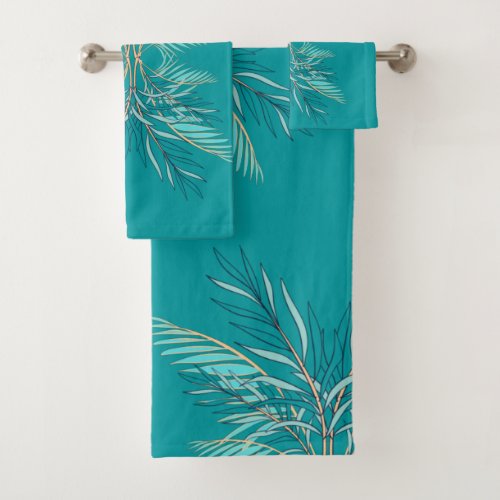 Modern Dark Teal Palm Leaves Beach Bathroom Bath Towel Set