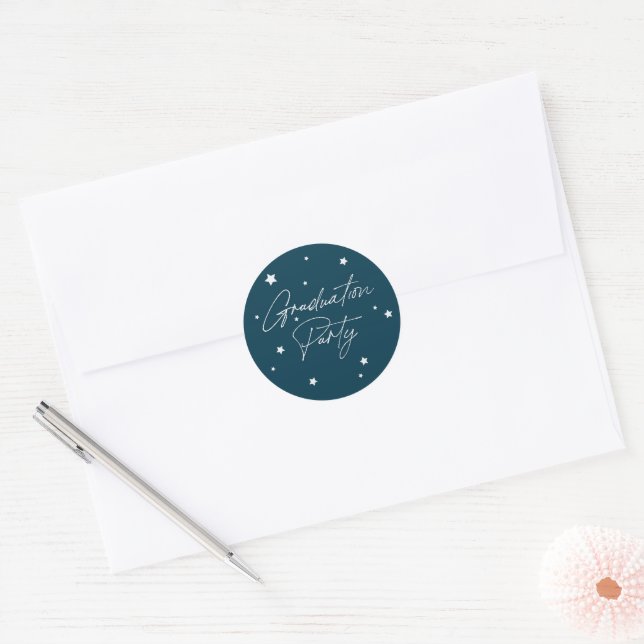 Modern Dark Teal Scattered Stars Graduation Party Classic Round Sticker (Envelope)