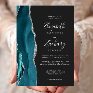 Modern Dark Teal Silver Agate Wedding Foil Invitation