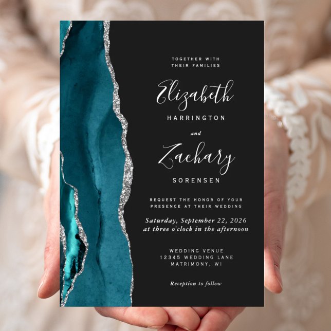 Modern Dark Teal Silver Agate Wedding Foil Invitation (Creator Uploaded)