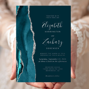 Modern Dark Teal Silver Agate Wedding Foil Invitation
