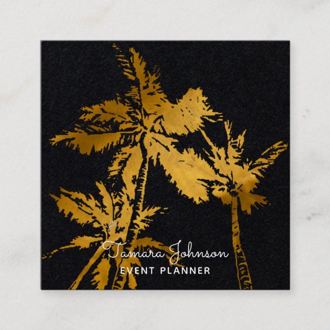 Modern Dark Tropical Gold Palm Trees Professional Square Business Card (Front)