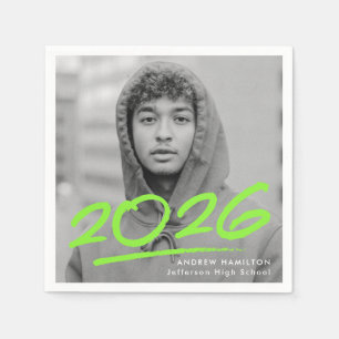 Modern Dashed 2026 Lime Green Photo Graduation Napkins