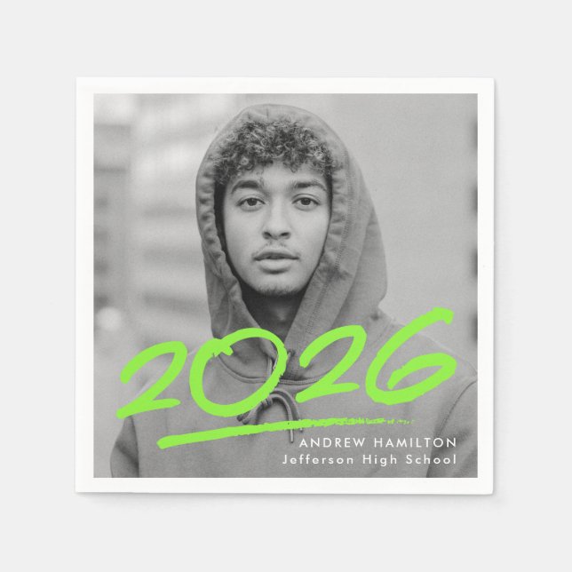Modern Dashed 2026 Lime Green Photo Graduation Napkins (Front)