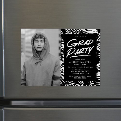 Modern Dashed Black Photo Graduation Party Magnetic Invitation