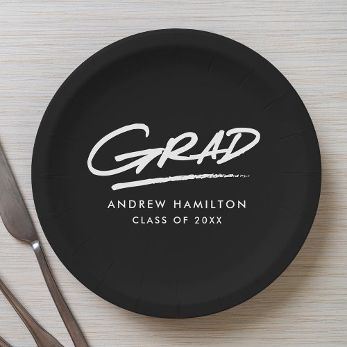 Modern Dashed Grad Black and White Graduation Paper Plates