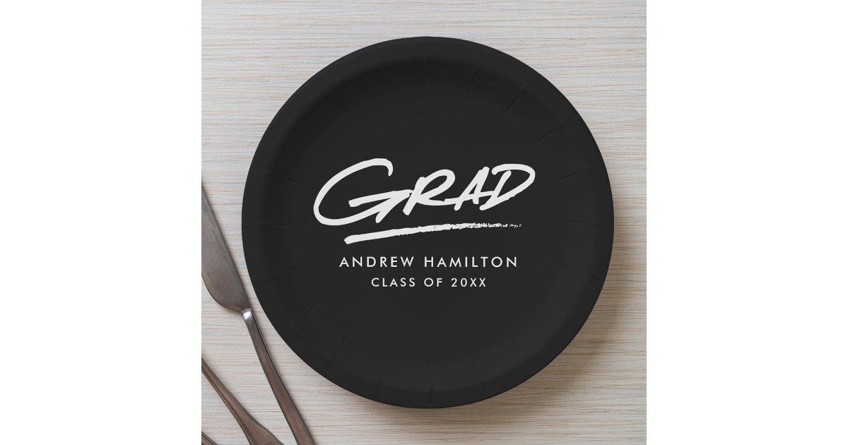 Modern Dashed Grad Black and White Graduation Paper Plates | Zazzle