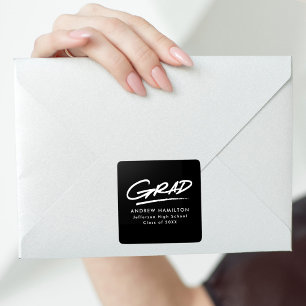 Modern Dashed Grad Black and White Graduation Square Sticker