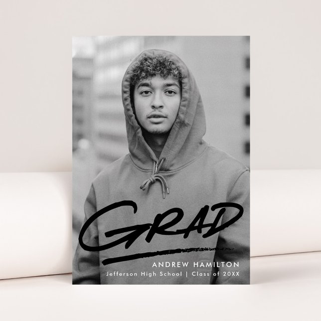 Modern Dashed Grad Black Photo Graduation Announcement (Creator Uploaded)