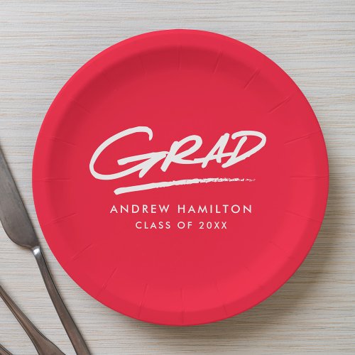 Modern Dashed Grad Red Graduation Paper Plates