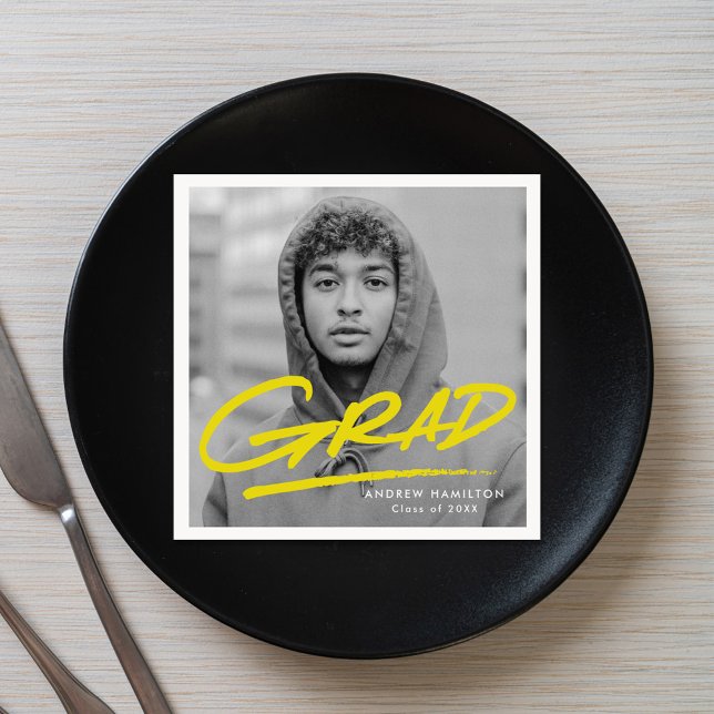 Modern Dashed Grad Yellow Photo Graduation Napkins (Creator Uploaded)