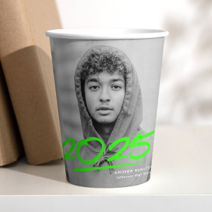 Modern Dashed Lime Green 2025 Photo Graduation Paper Cups