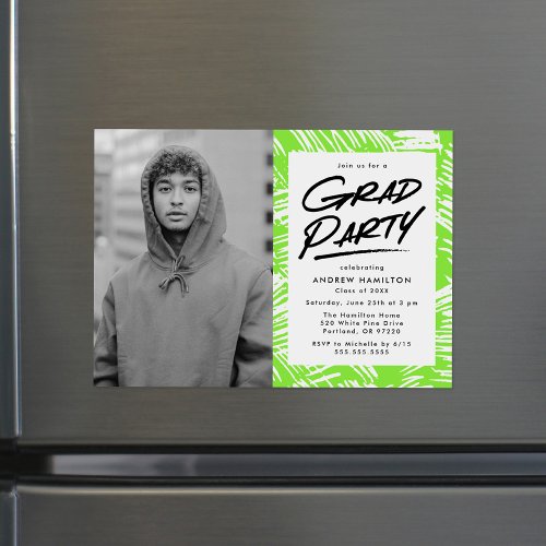 Modern Dashed Lime Green Photo Graduation Party Magnetic Invitation