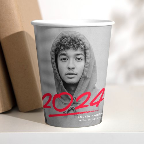 Modern Dashed Red 2024 Photo Graduation Paper Cups