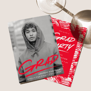 Modern Dashed Red Photo Graduation Party Invitation