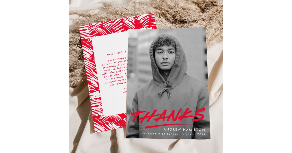 Modern Dashed Red Photo Graduation Thank You Card | Zazzle