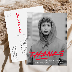 Modern Dashed Red Photo Graduation Thank You Postcard